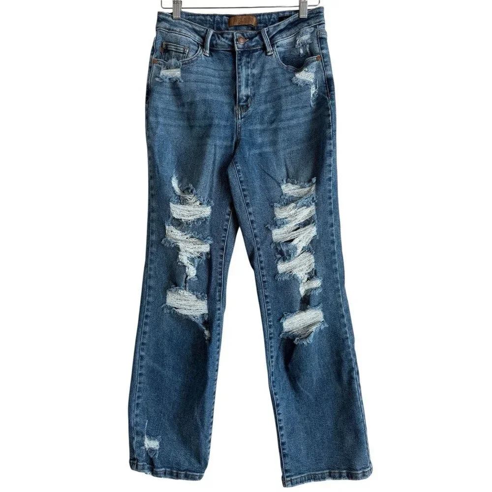 Judy Blue Jeans Women’s 7/28 Straight Fit Mid Rise Distressed Stretch Denim